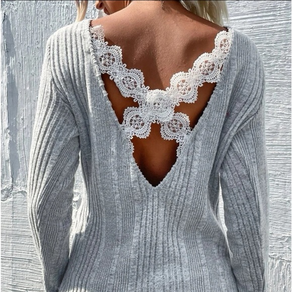 SALE - Gray Ribbed Knit with White Lace Criss Cross Backless - Picture 4 of 7